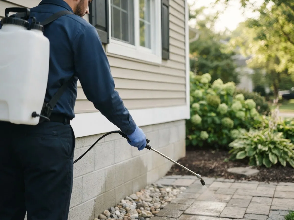 Pest control technician inspecting a home in Kenney, IL